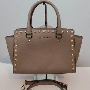 Michael Kors Selma Satchel Crossbody Bag Taupe Saffiano Leather
